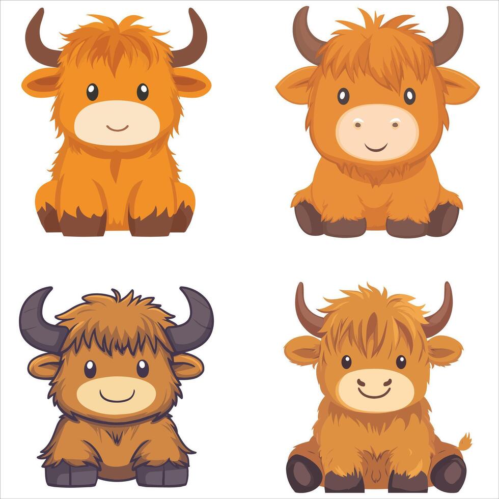 Baby Highland Cow with Cute Kawaii Sitting Posture bundle vector