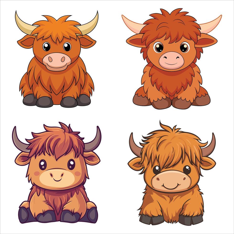 Kawaii Style Highland Cow Baby Sitting Cute pack vector