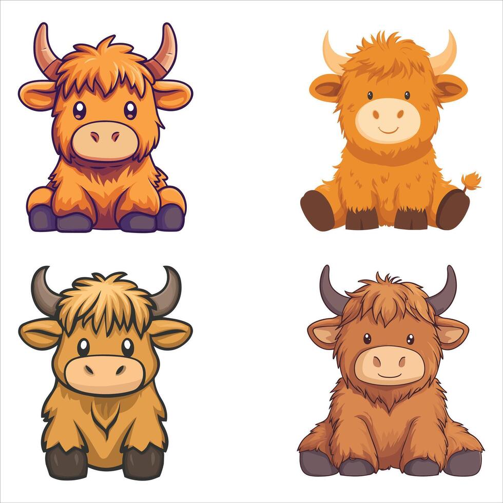collection of Sitting Highland Cow Baby in Adorable Kawaii Design vector