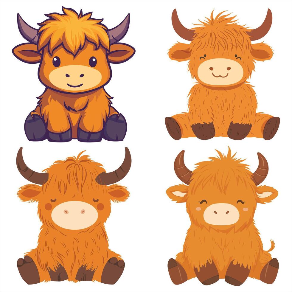 Sitting Baby Highland Cow Kawaii Design for Decor bundle vector