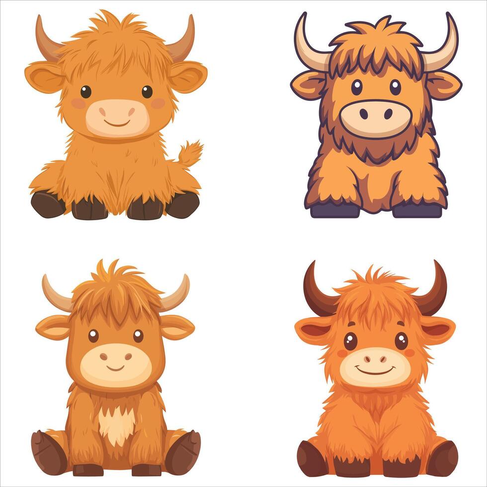 Sitting Baby Highland Cow with Kawaii Heartwarming Design pack vector