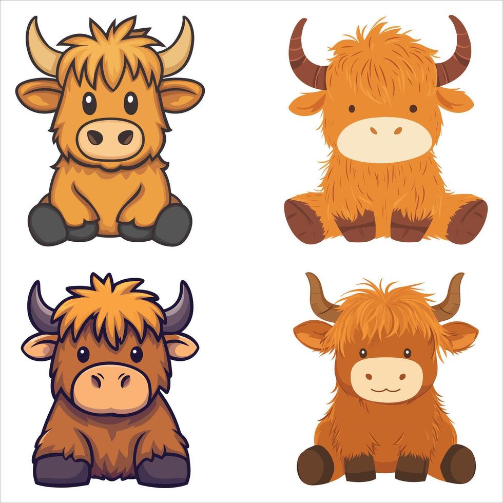 collection of Baby Highland Cow Sitting with Kawaii Charm vector