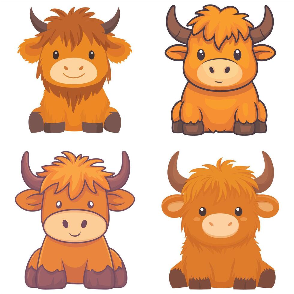 Sweet Highland Cow Baby Sitting in Kawaii Style bundle vector