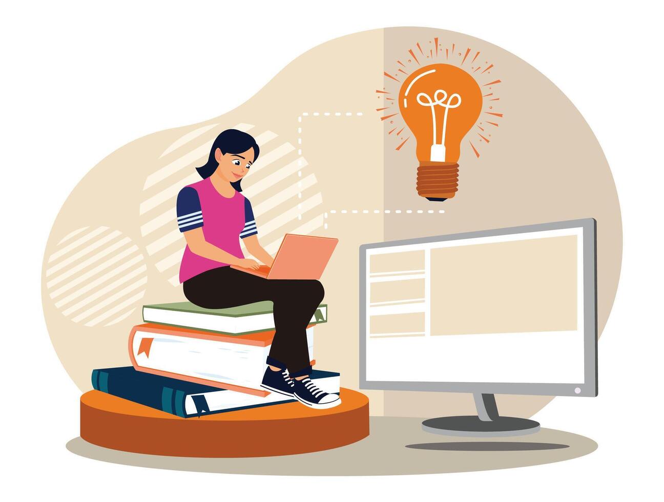 A smart, trendy and skilled girl who is studying at home using a laptop. vector