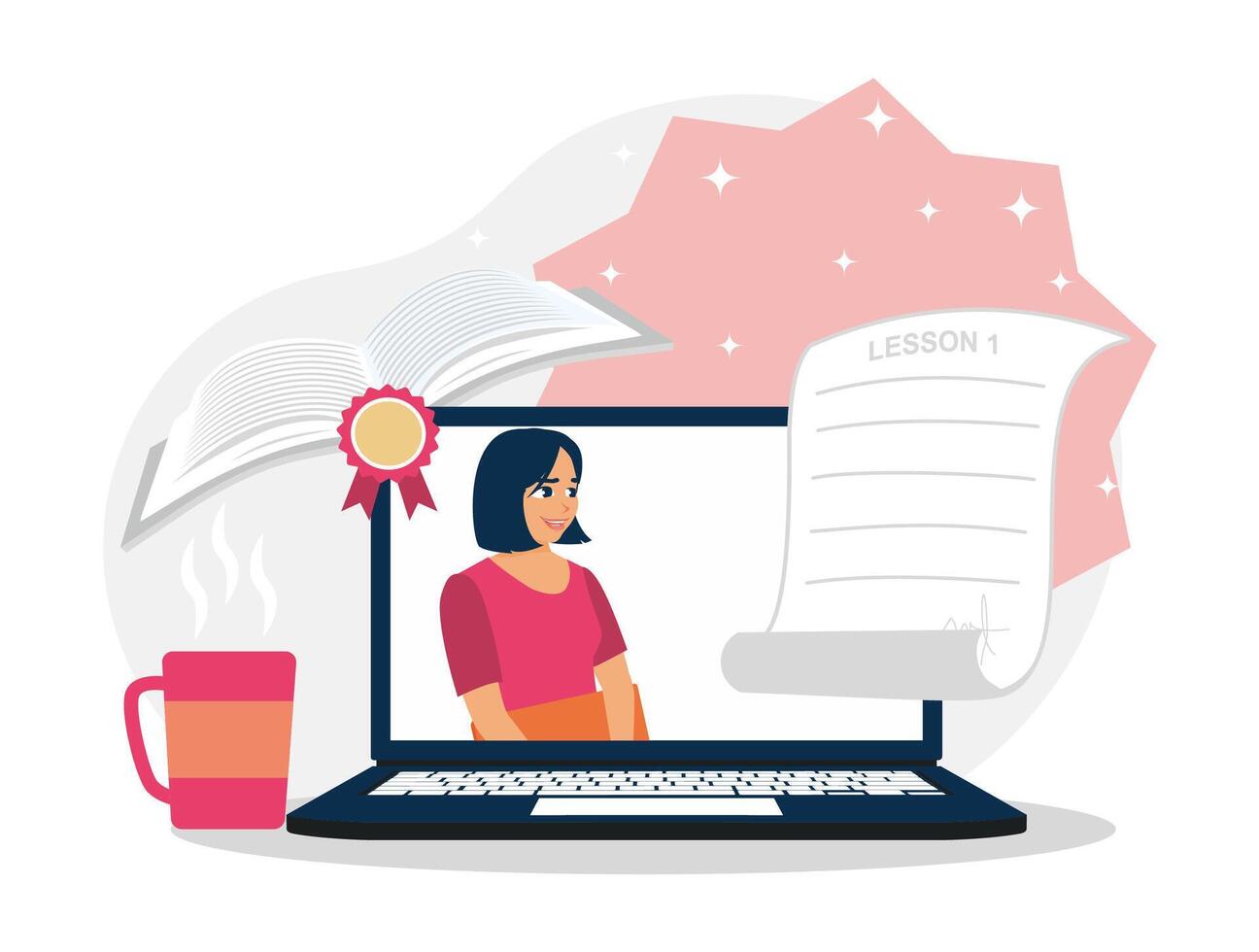 Distance learning courses. Girls study for exam preparation. vector