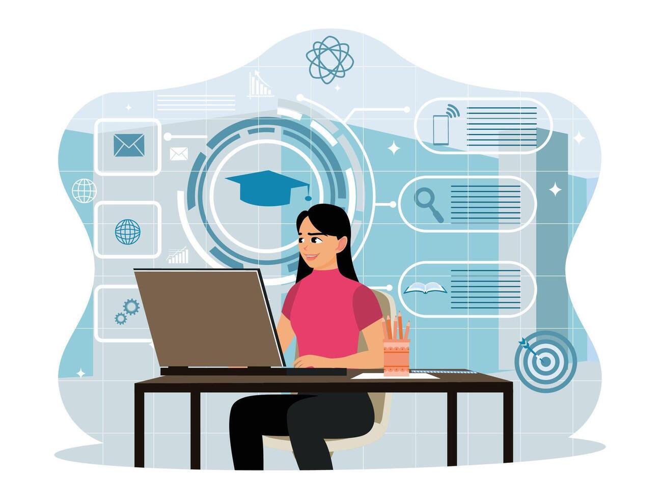 E learning education, internet lessons and online webinar. vector