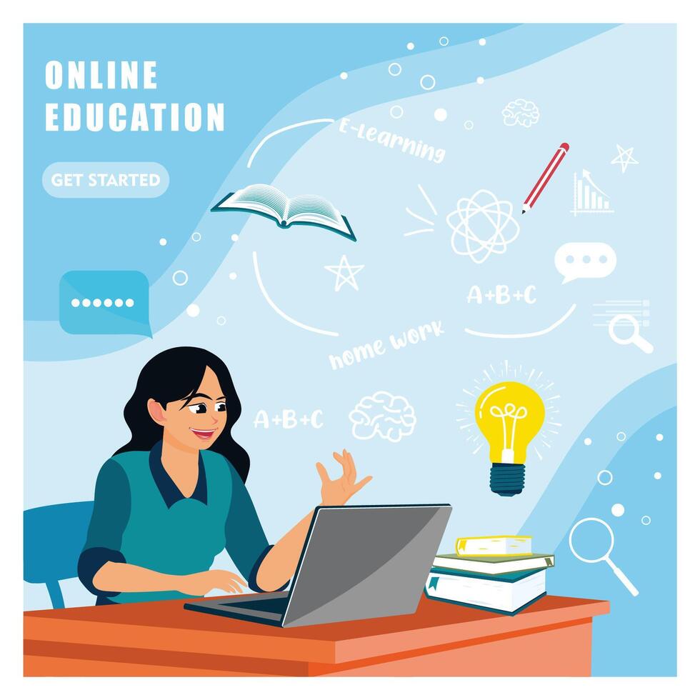Woman learning online with laptop and educational symbols in background. vector