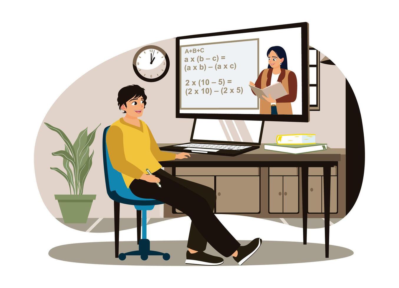 Young student watching lesson online and studying from home. vector