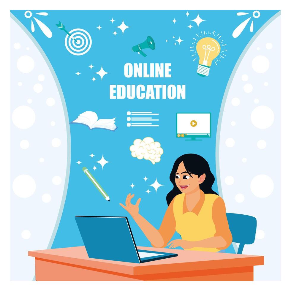 Woman attends online lessons on a digital screen. vector