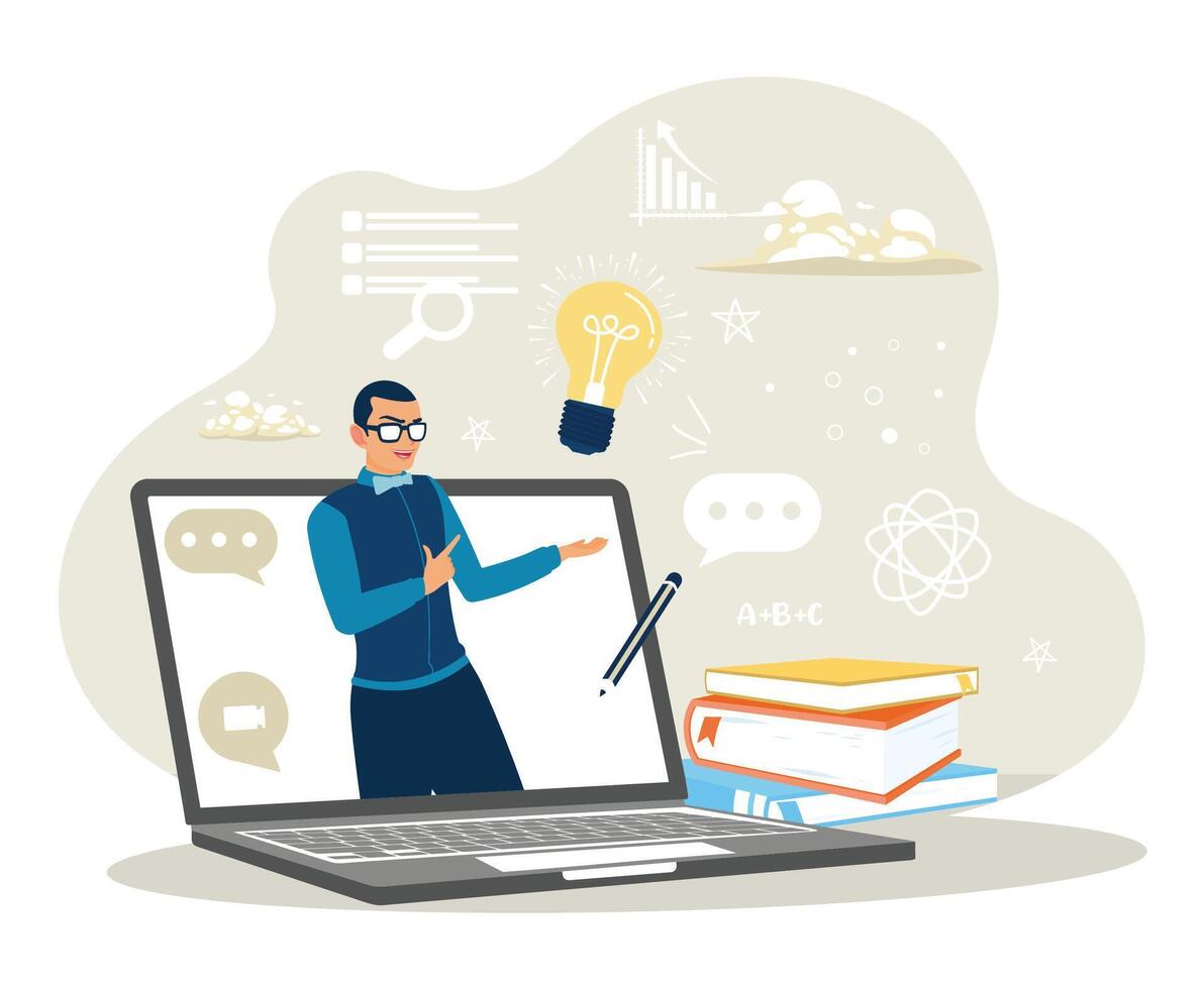 Male teacher conduct lessons online for school pupils or university students. vector