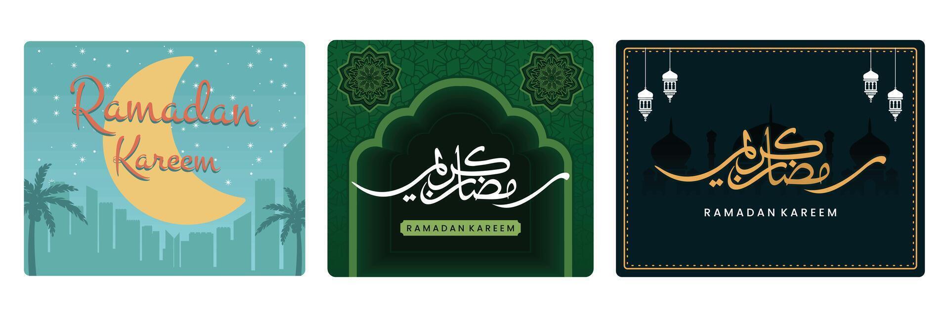 Happy Ramadan Kareem greeting card with crescent moon and city silhouette, Arabic calligraphy vector