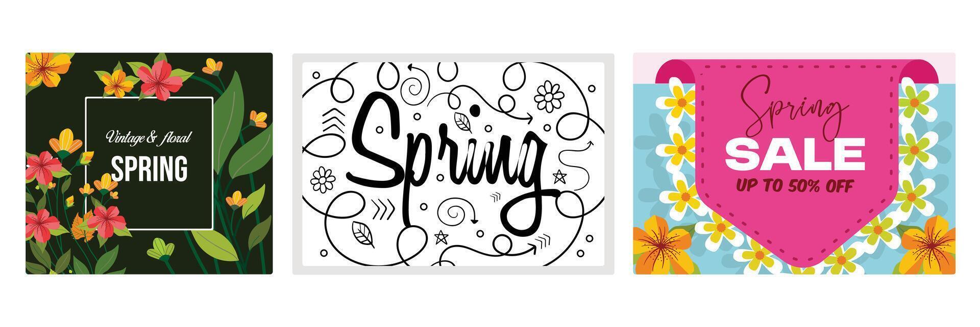Spring banner with colorful floral motifs. Sale ads with discounts up to 50 percent. vector