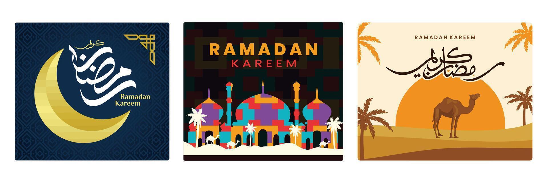 An elegant Ramadan Kareem greeting card featuring Islamic calligraphy and a golden crescent moon. vector