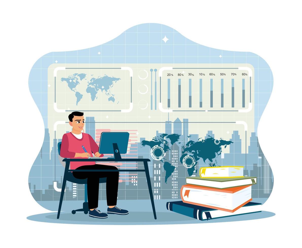 Young businessman sitting at table and taking notes in notebook. vector