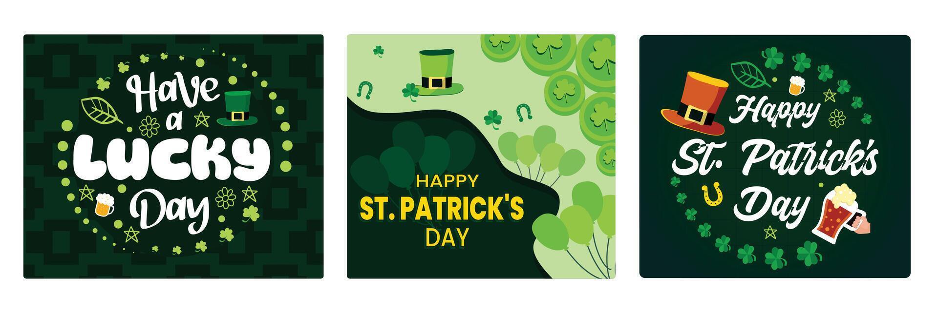St. Patrick's Day greeting card Festive St. Patrick's Day with clover, a glass of beer and hat. vector