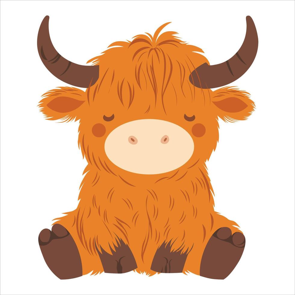 Sweet Sitting Highland Cow Baby in Kawaii Style vector