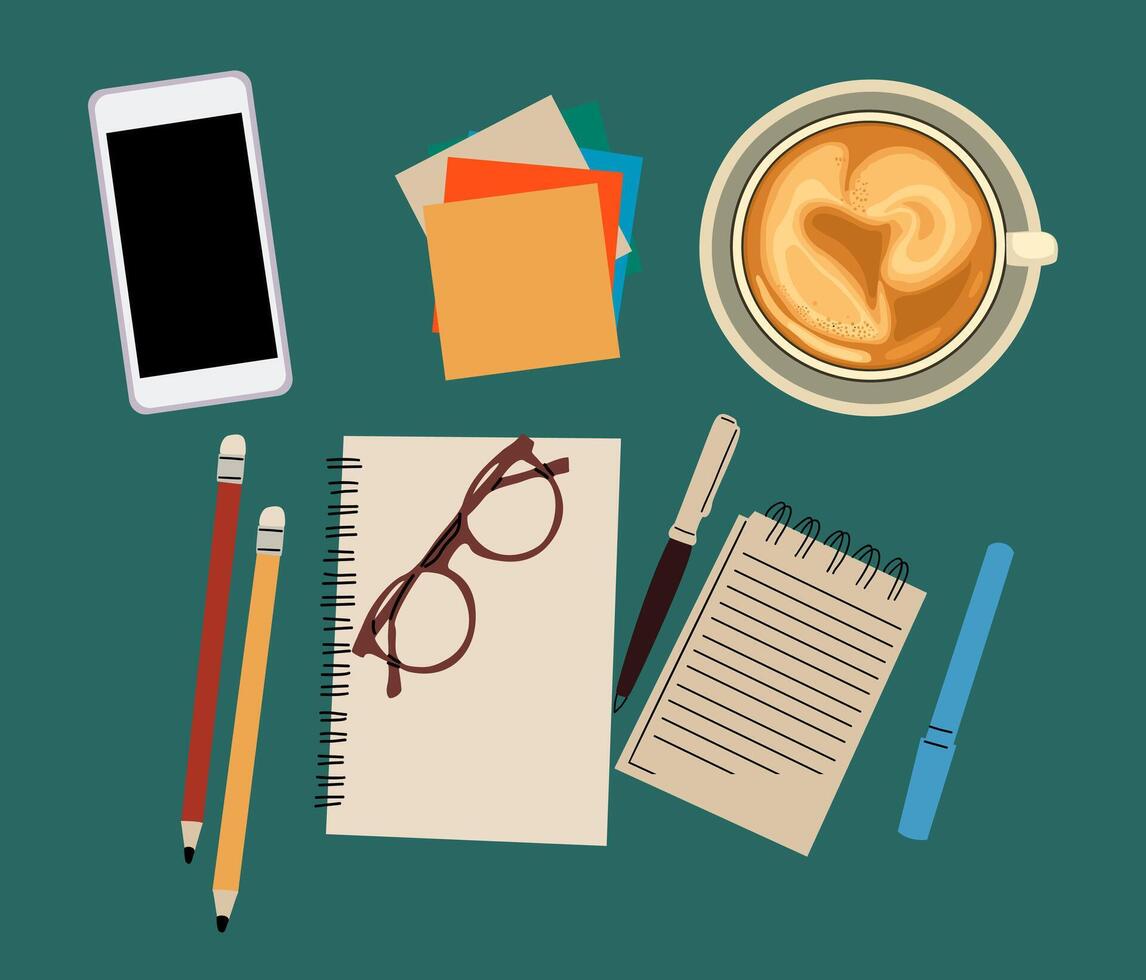 Coffee cup, paper sheets with smartphone, pens vector