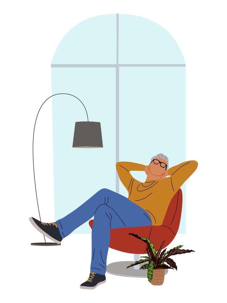 Senior man is sitting in a chair in relax pose vector