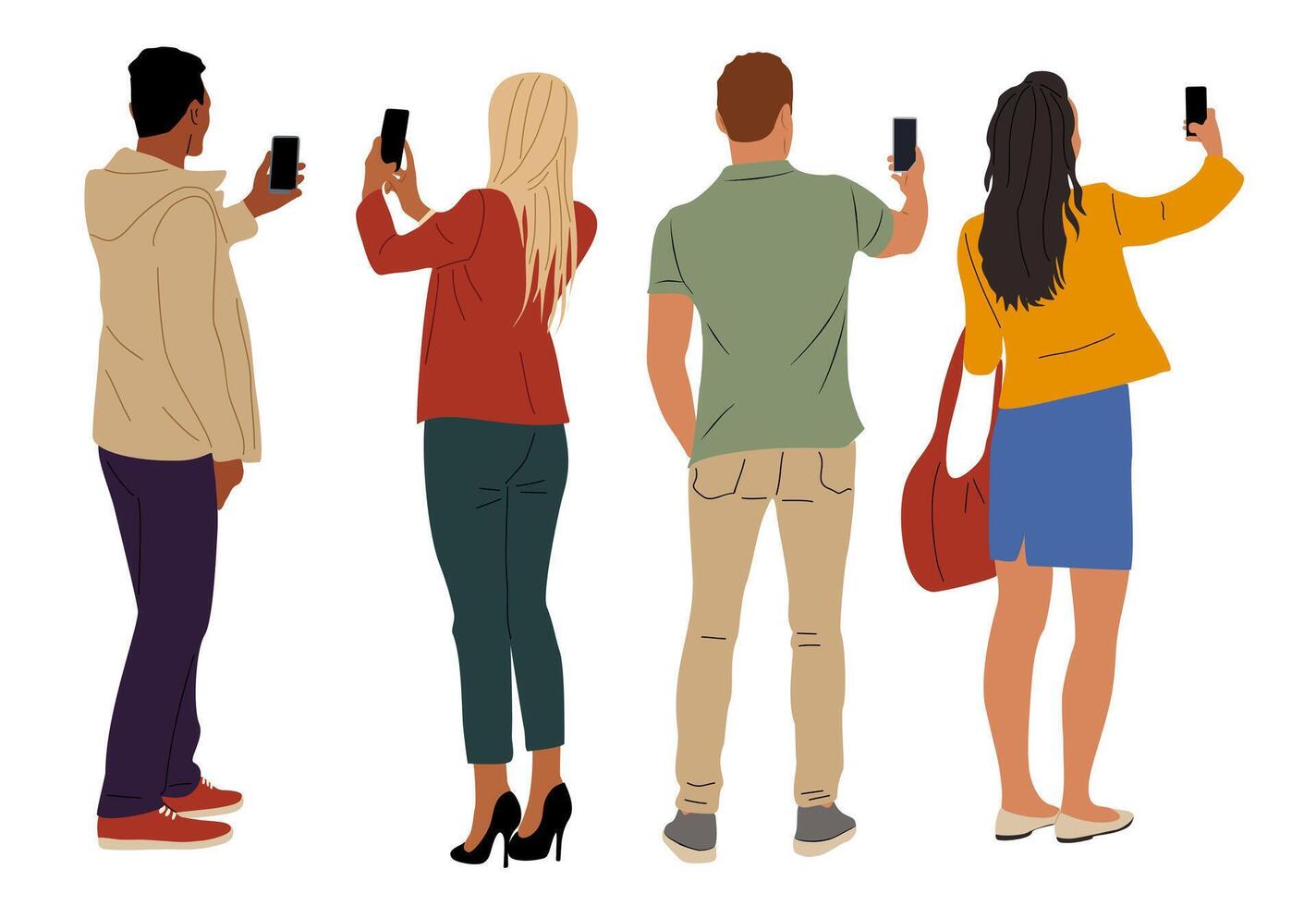 Set of people standing rear view with phones vector
