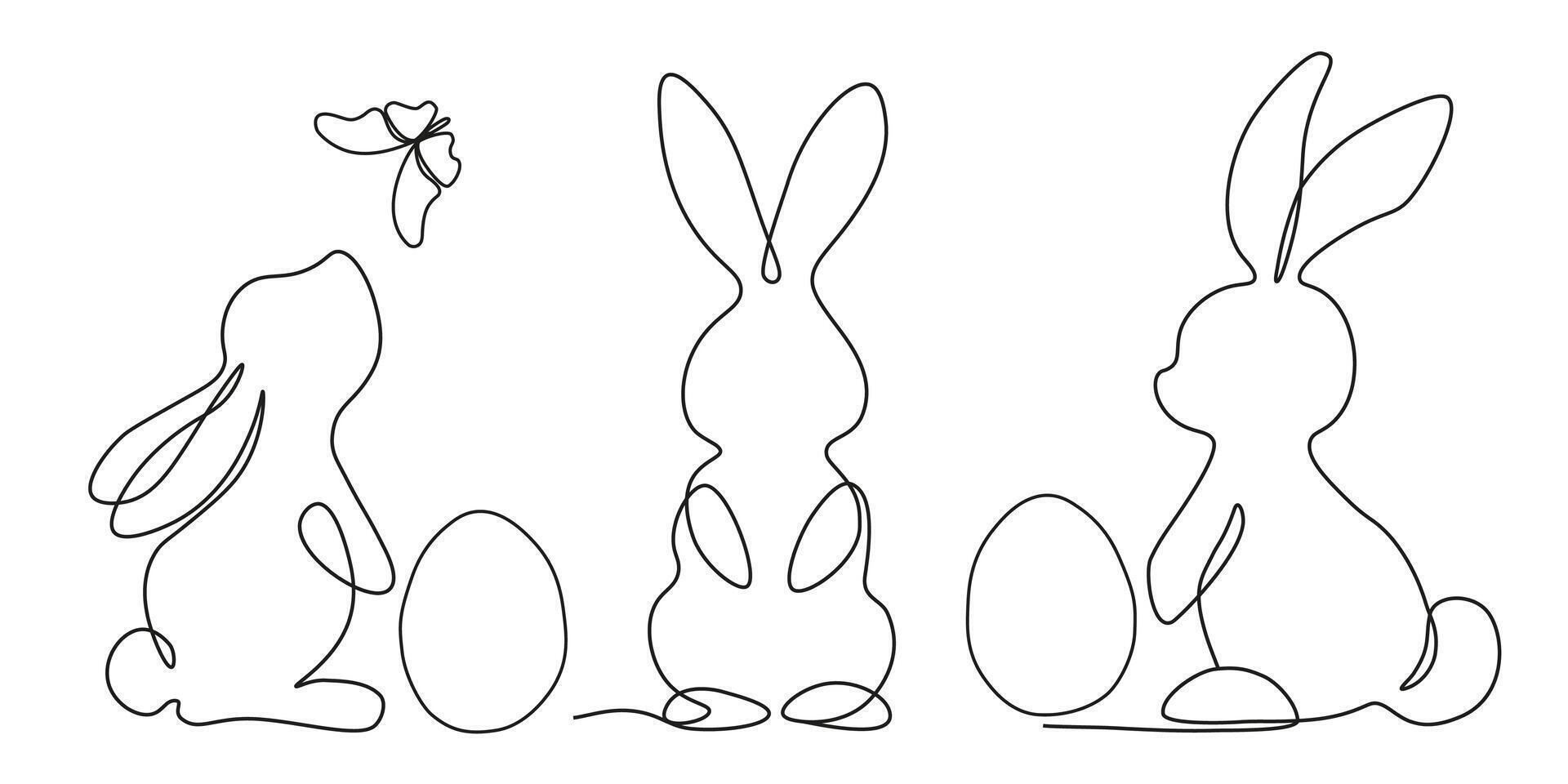 Collection of one line easter bunny silhouettes. Easter bunnies isolated on white background. Design for easter holiday. Set of line art illustrations. vector