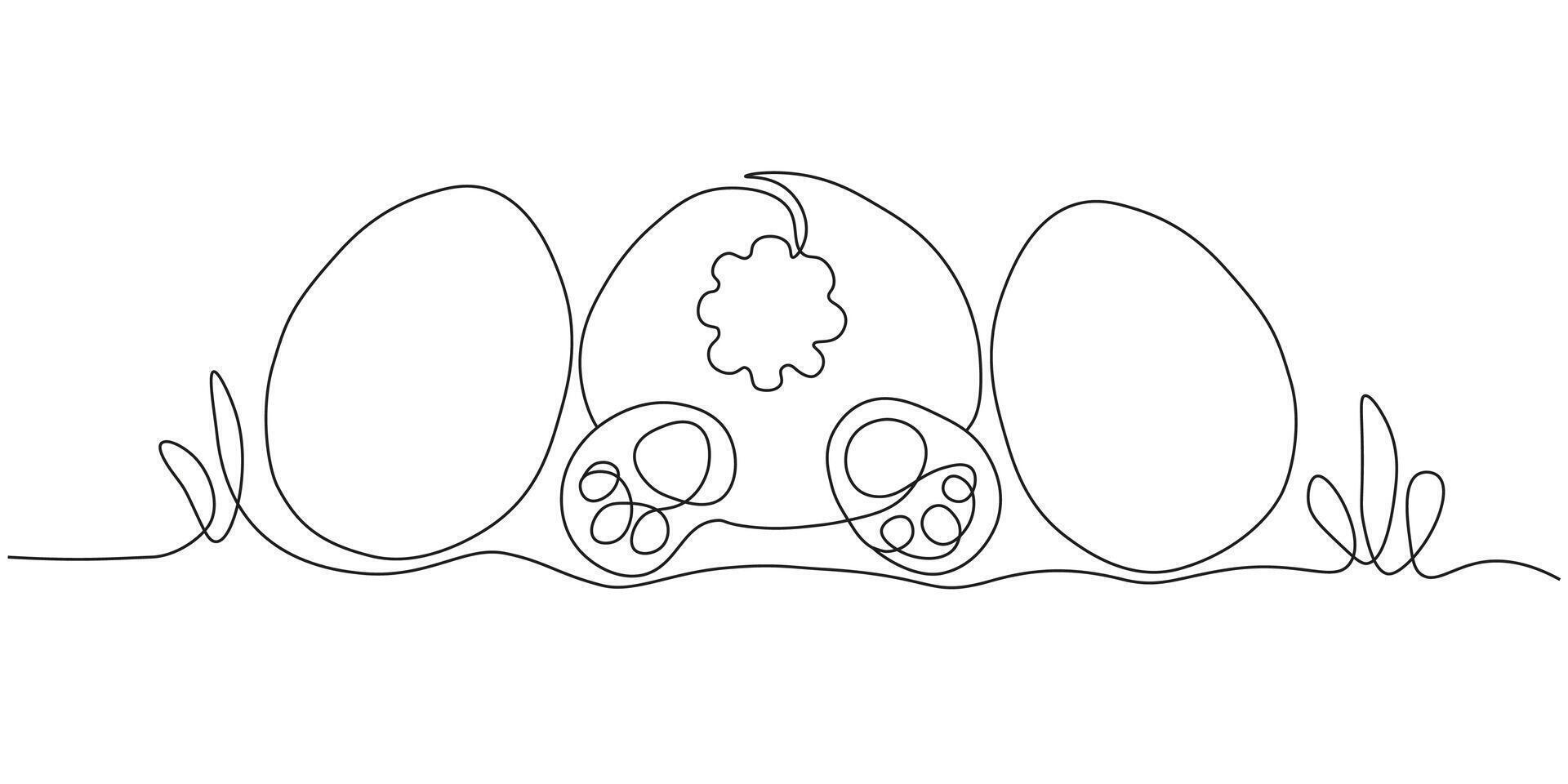 Continuous one line drawing of a bunny and easter eggs. Minimalist outline illustration on Easter theme. vector