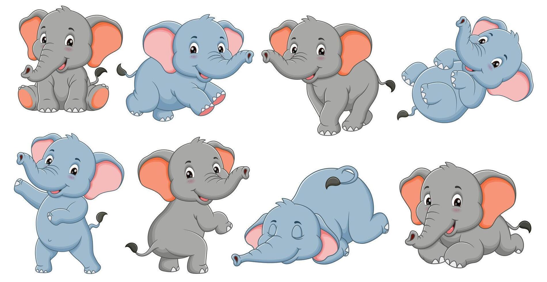 Eight cute cartoon elephants in different poses, perfect for children's books, greeting cards, prints, and stationery designs. Whimsical and charming. vector