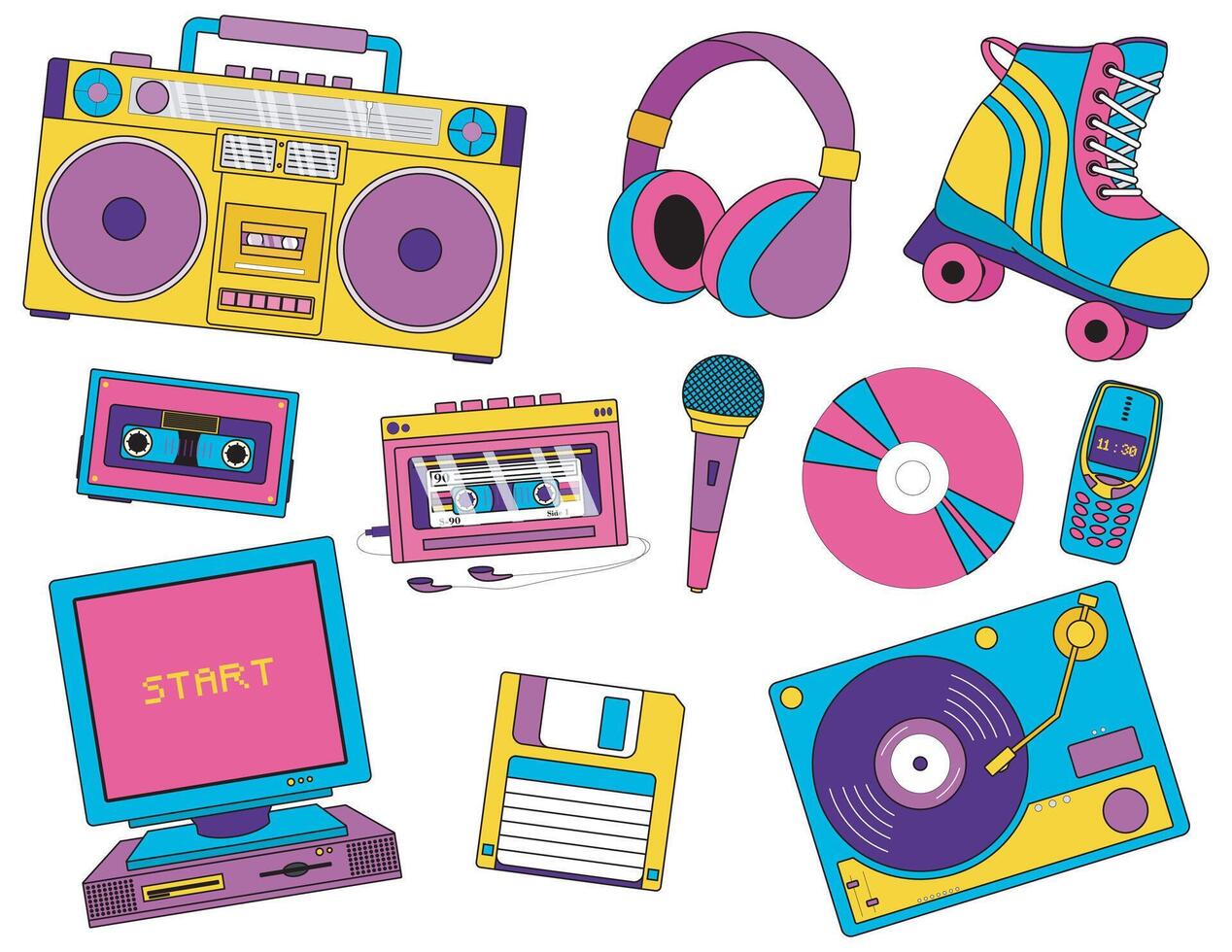 Back in to 1990 themed collection. featuring music, tech, fashion, and lifestyle items. Perfect for nostalgic designs or retro inspired projects vector