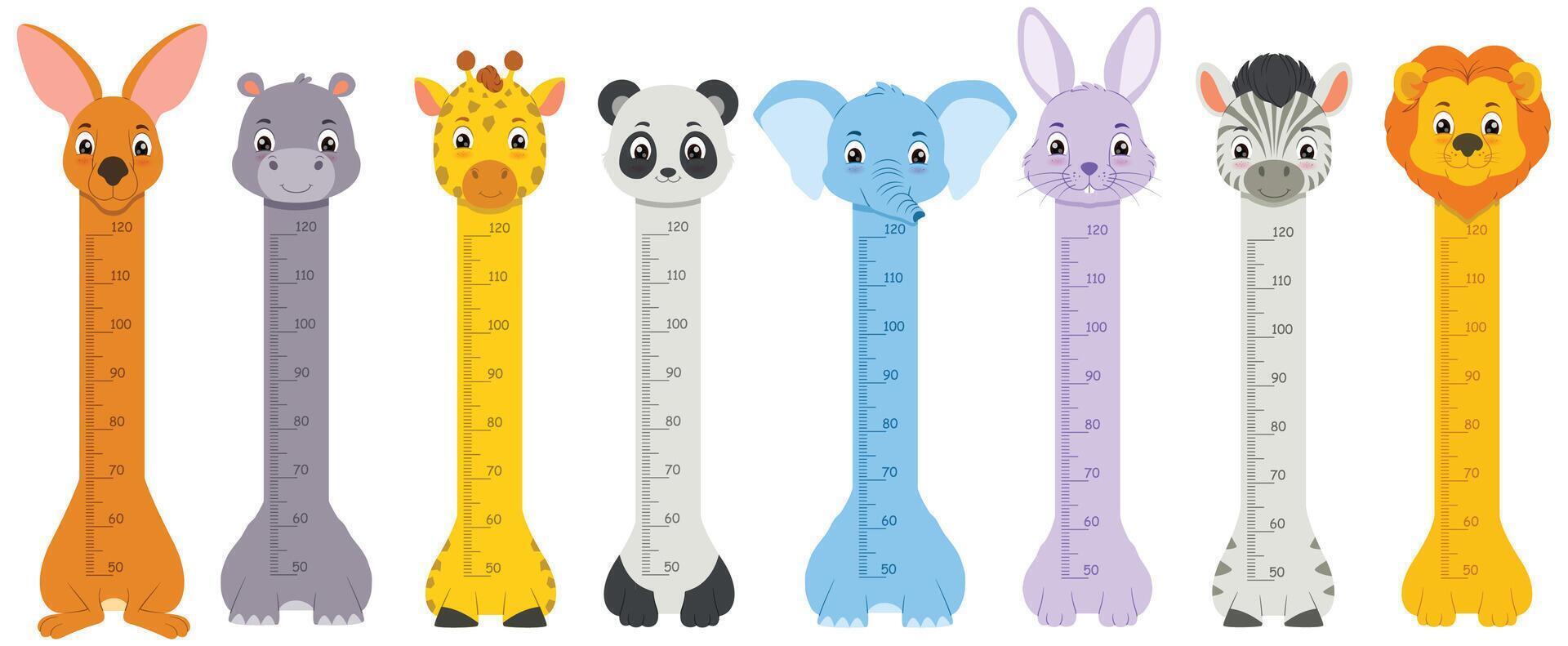 Animal height charts of kangaroo, hippo, giraffe, panda, elephant, rabbit, zebra, and lion for children's educational materials or posters. vector