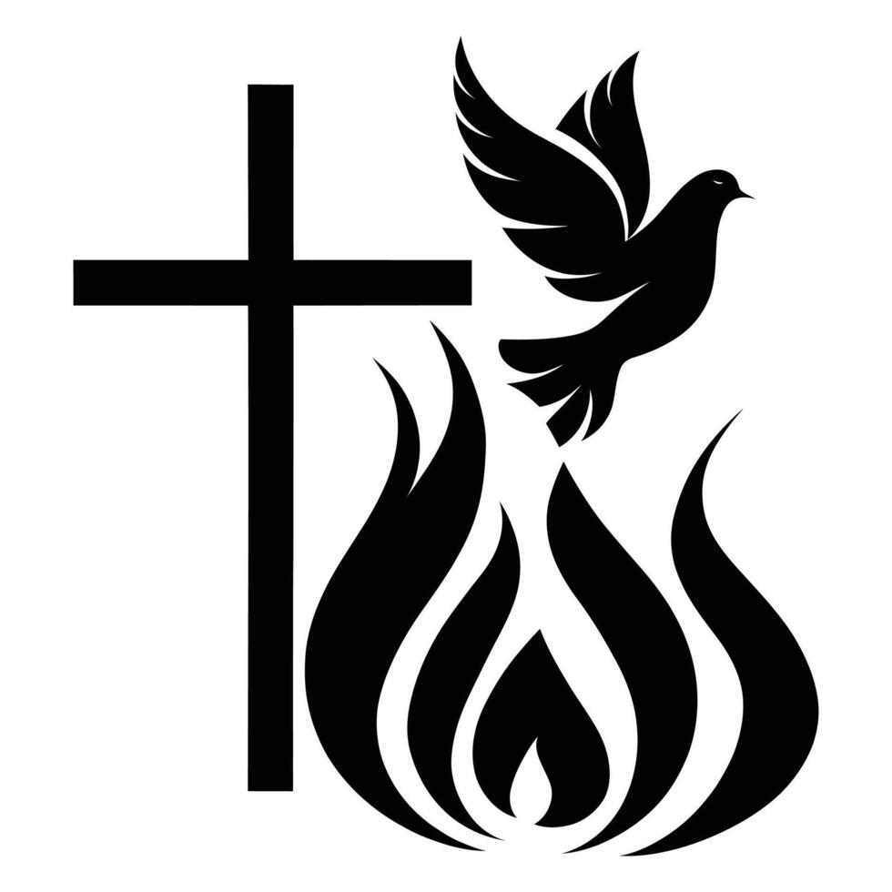 A cross and a dove are flying over a fire vector