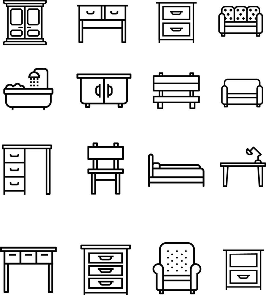 Furniture Line Editable Icons set illustration in modern thin line style of furniture and decor related icons upholstered, cabinet and garden furniture, decorative and lighting elements vector