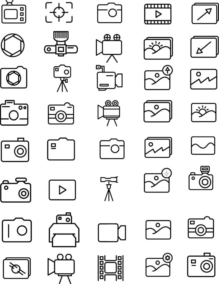 Set of 40 outline icons related to camera. Linear icon collection. Editable stroke. vector