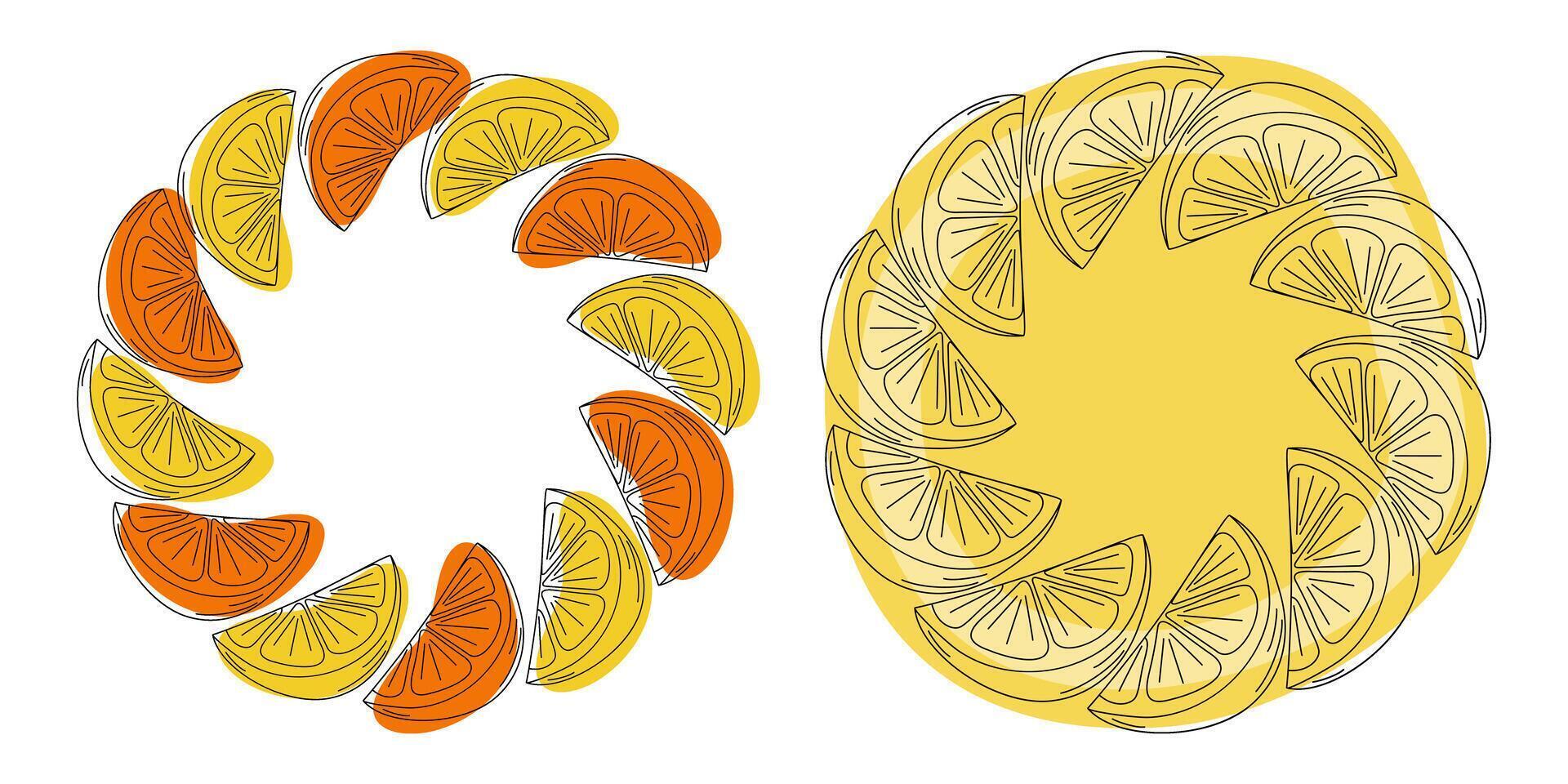 Hand Drawn Outline Lemon and Orange slices Abstract Yellow Orange Spots Circular Frame border Set 2. Copyspace Template. Isolated illustration Thematic Cards or web promo banner, leaflet, price vector