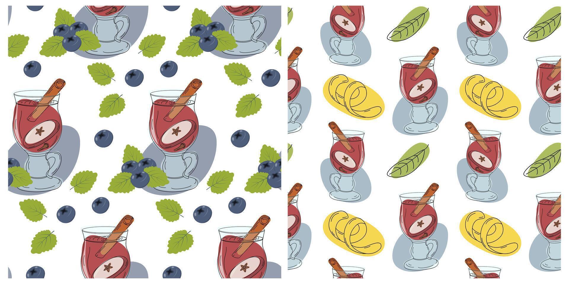 Glass Mug Drink Cinnamon Berries Green leaves Rind Cozy Seamless Patterns Set 2 Mulled wine Day fond. Isolated illustration Wallpaper Wrapping or web promo banner Thematic cards, label, posting vector
