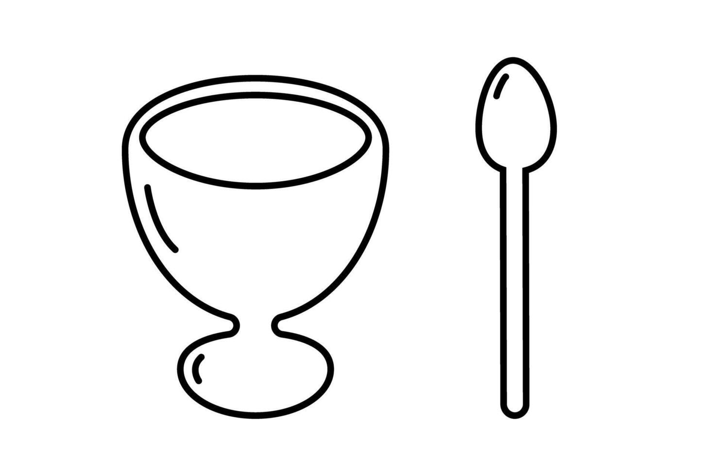 Outline Egg bowl and spoon Stylized Breakfast Device Linear Food Pictogram Sticker Icon element idea. Isolated illustration Thematic cards, poster or web promo banner, leaflets, print materials vector