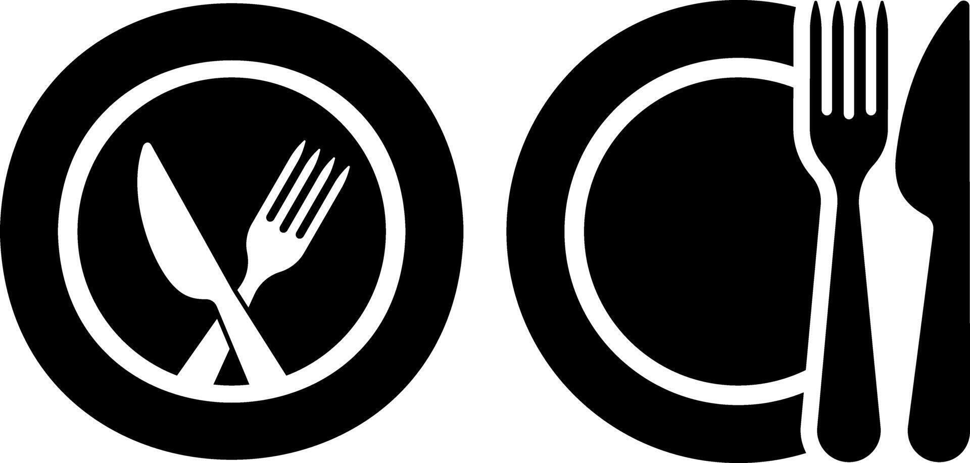 Stencil cutlery fork spoon knife plate set icon isolated Food black clipart collection vector