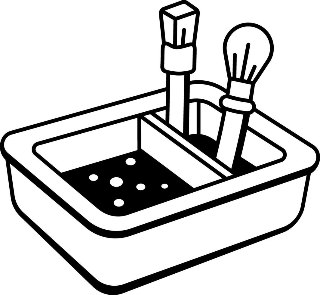 Paintbrush cleaner tray with liquid soup, doodle style icon vector
