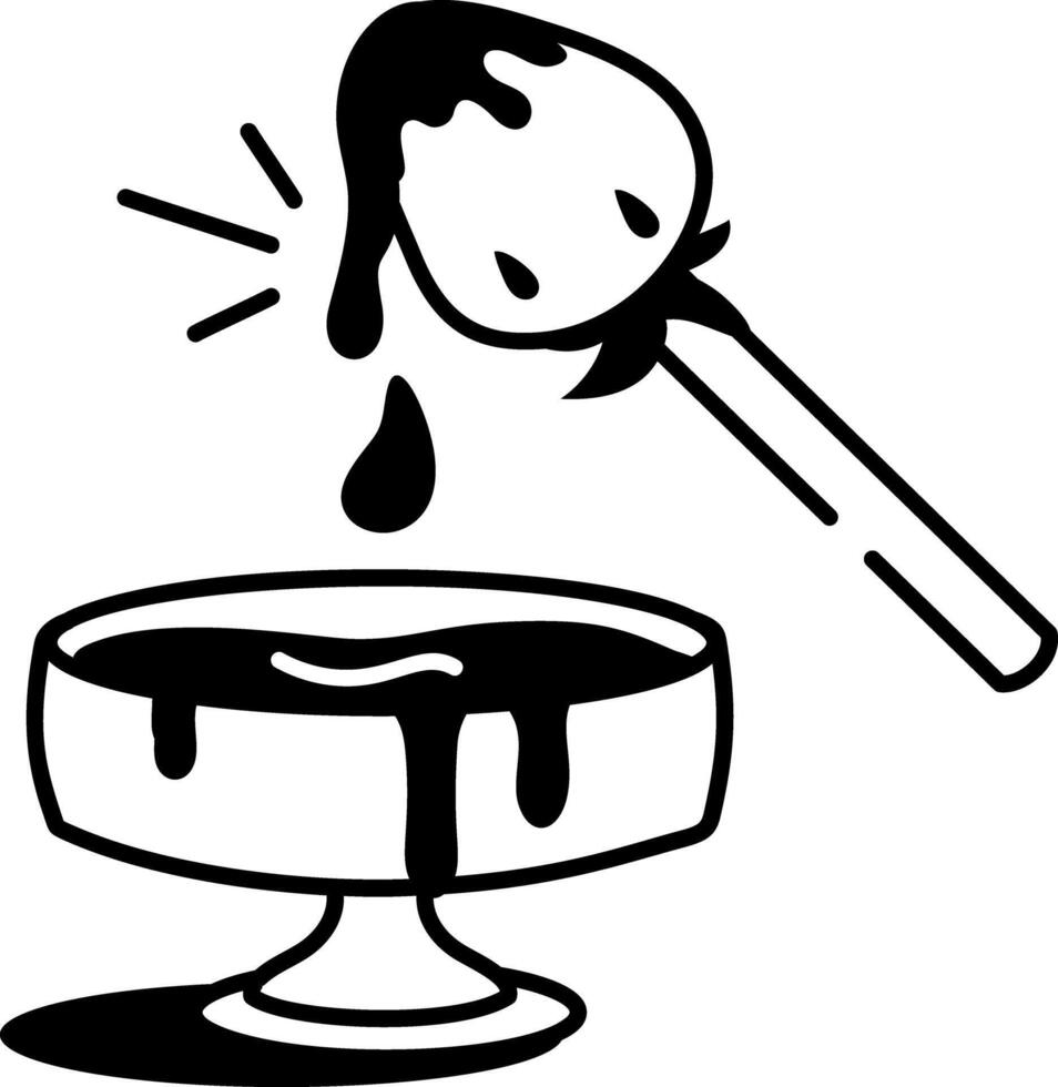Syrup dripping from chocolate strawberry stick, doodle style icon vector