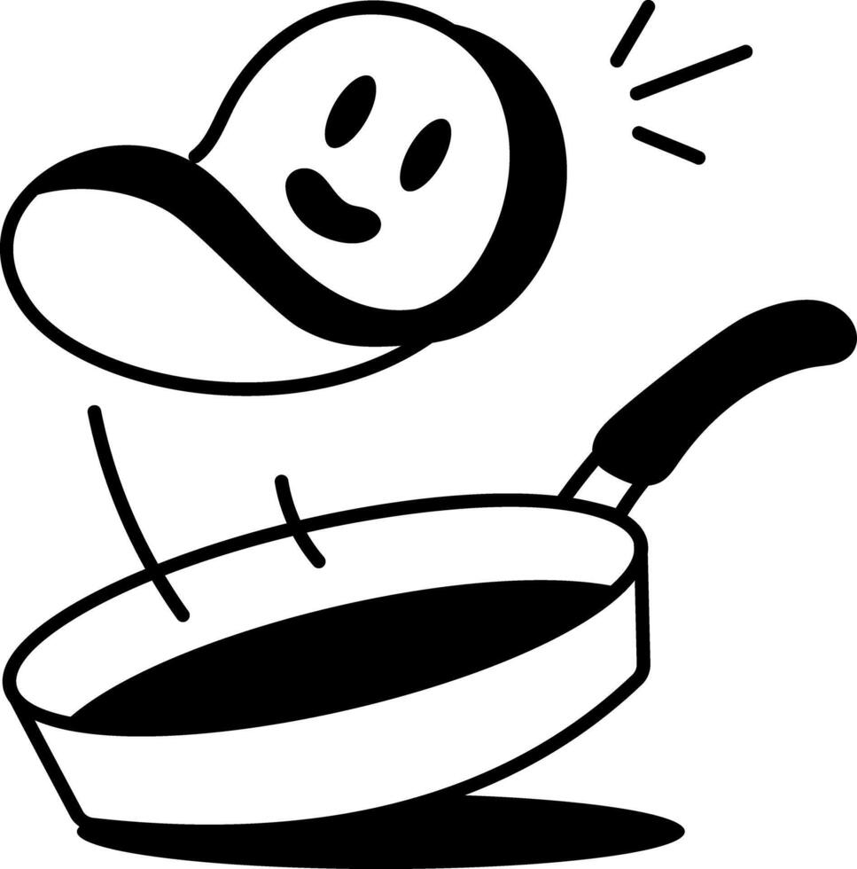 Cooking food on a frying pan, doodle style icon vector