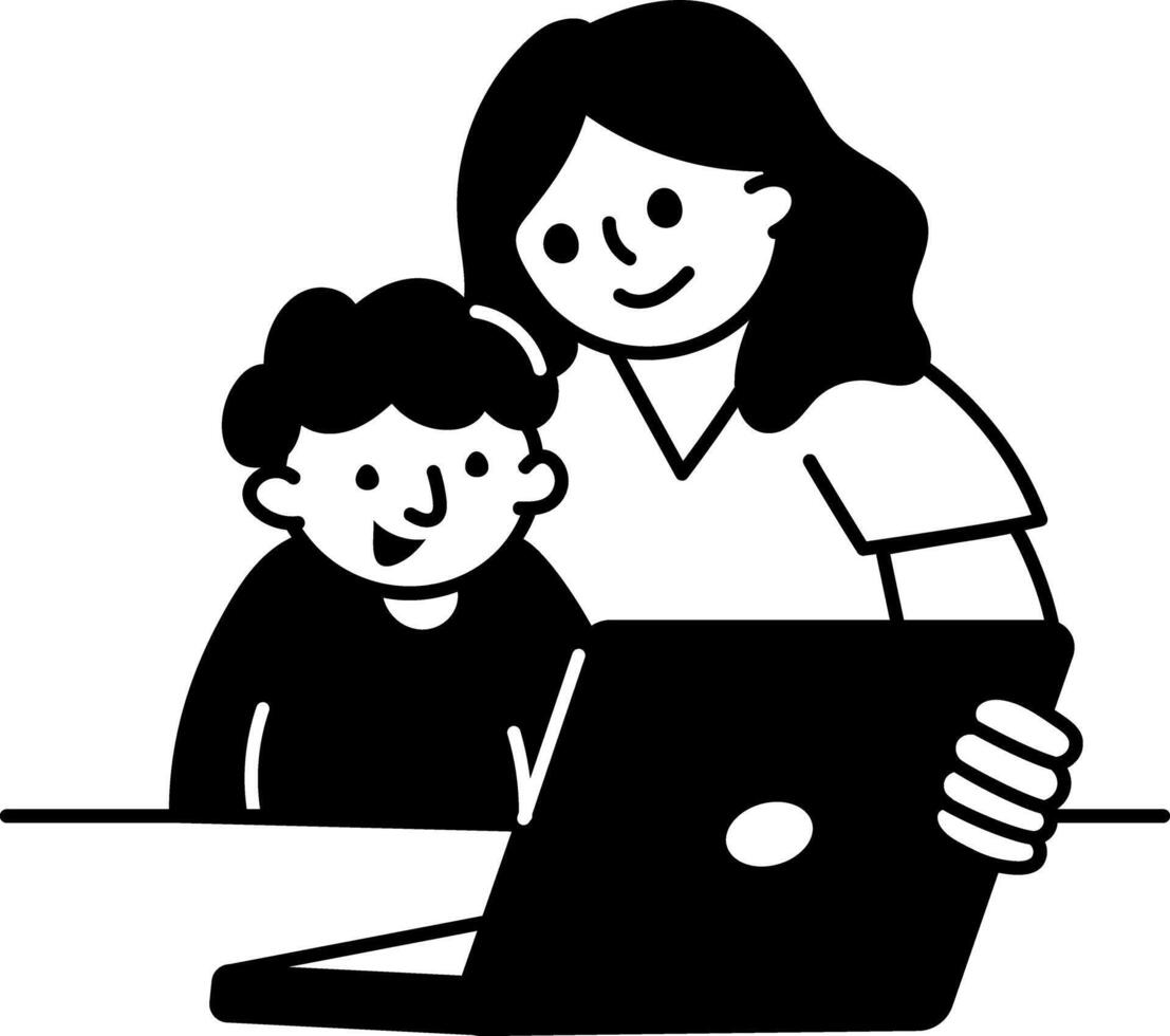 Doodle illustration of mom watching show with son on laptop vector