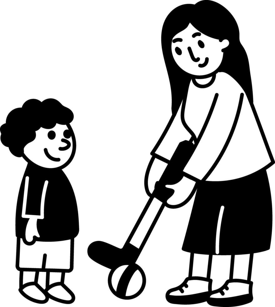 Golfing mom and son depicting motherly love, hand drawn illustration vector
