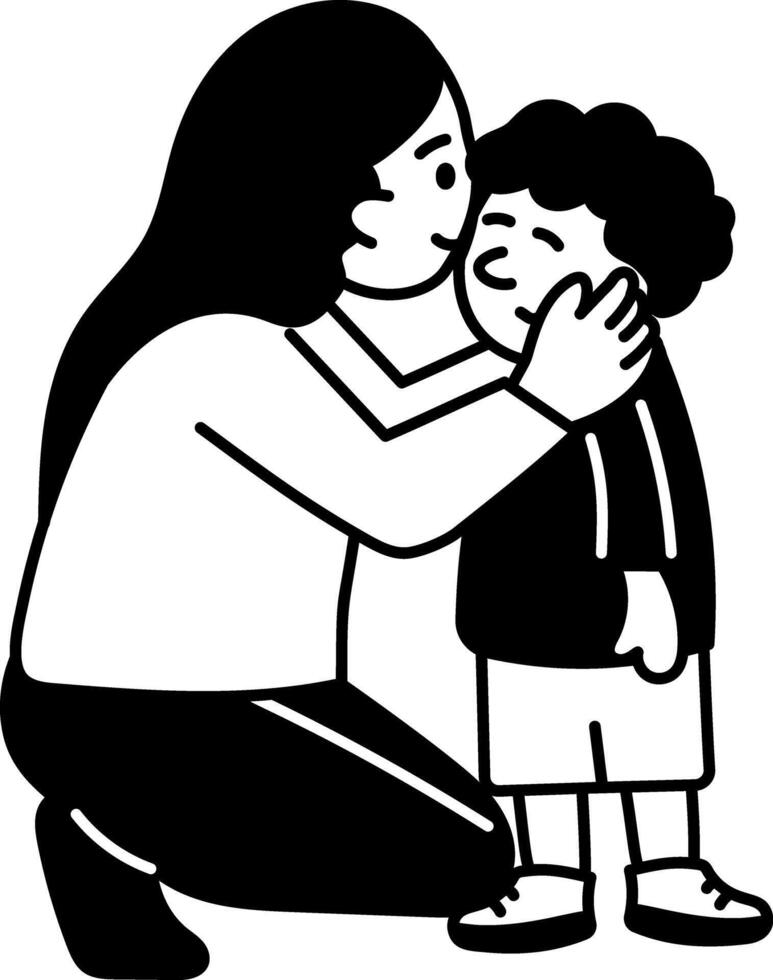 Mother kissing son on cheek, hand drawn illustration vector