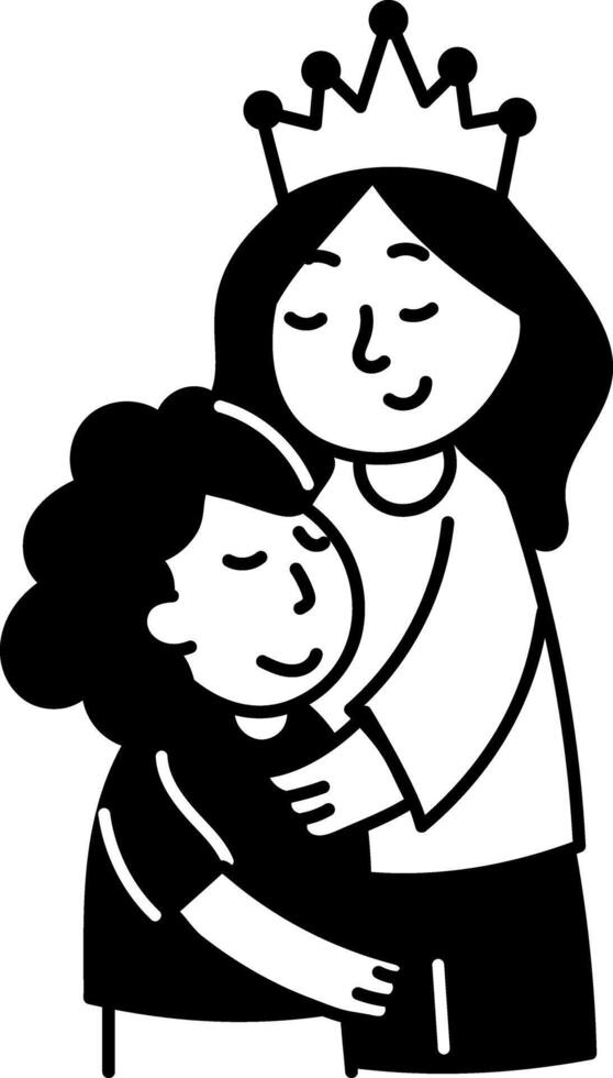 Hand drawn illustration of a mom crown hugging her kid vector