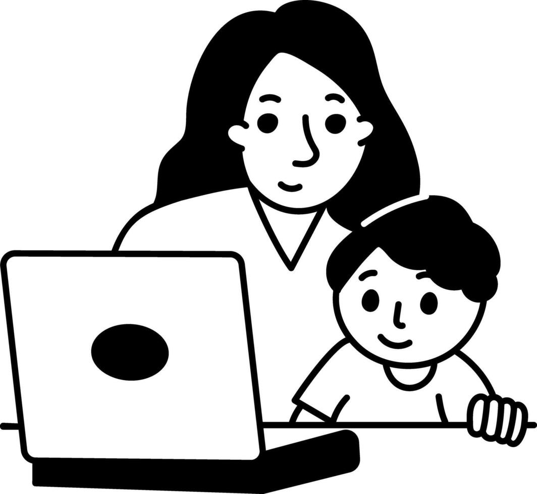 Mom working on laptop with her son, doodle illustration vector