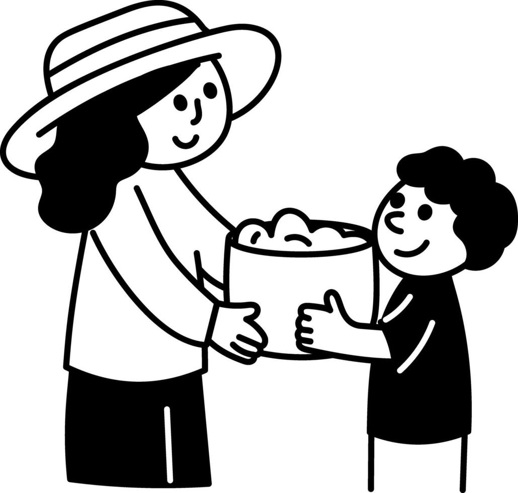 A hand drawn illustration of mom son holding a box together vector