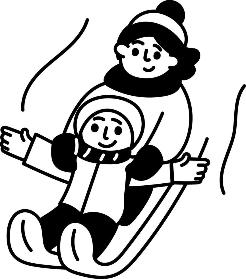 Doodle style illustration of a mom and son enjoying sledding vector