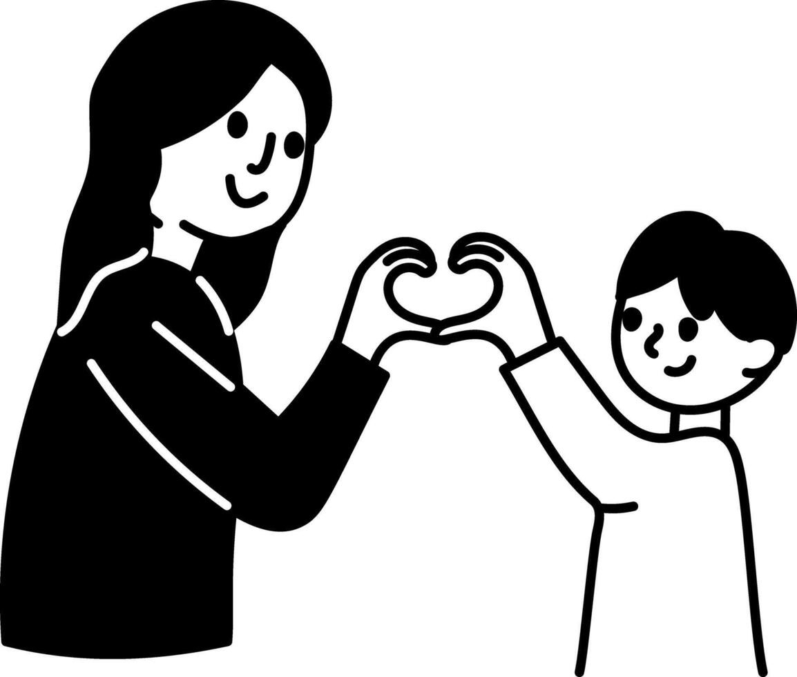 Hand drawn illustration of a son and mom making heart gesture vector