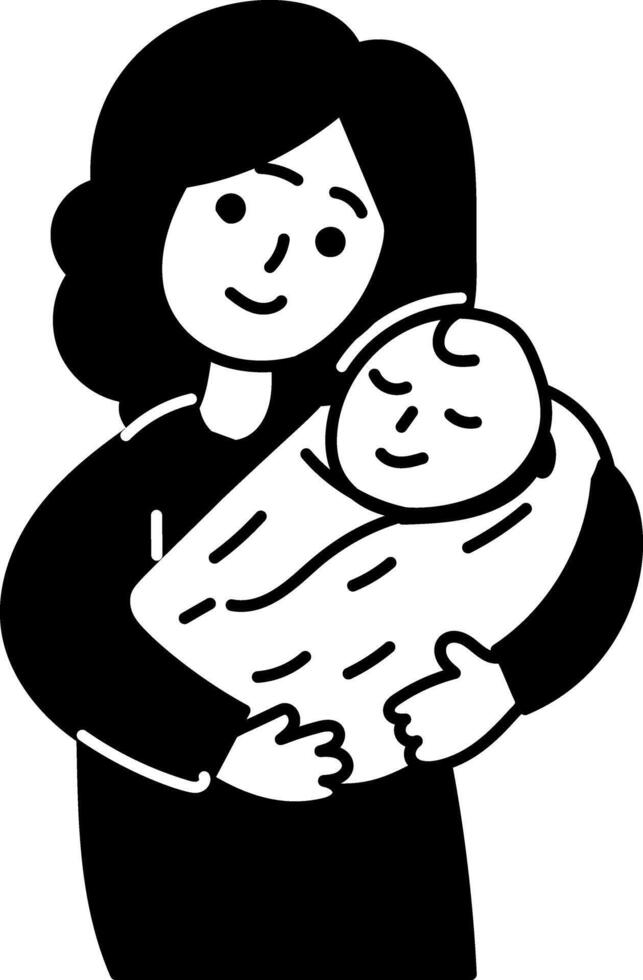 Doodle character illustration of a mother carrying a newborn baby vector