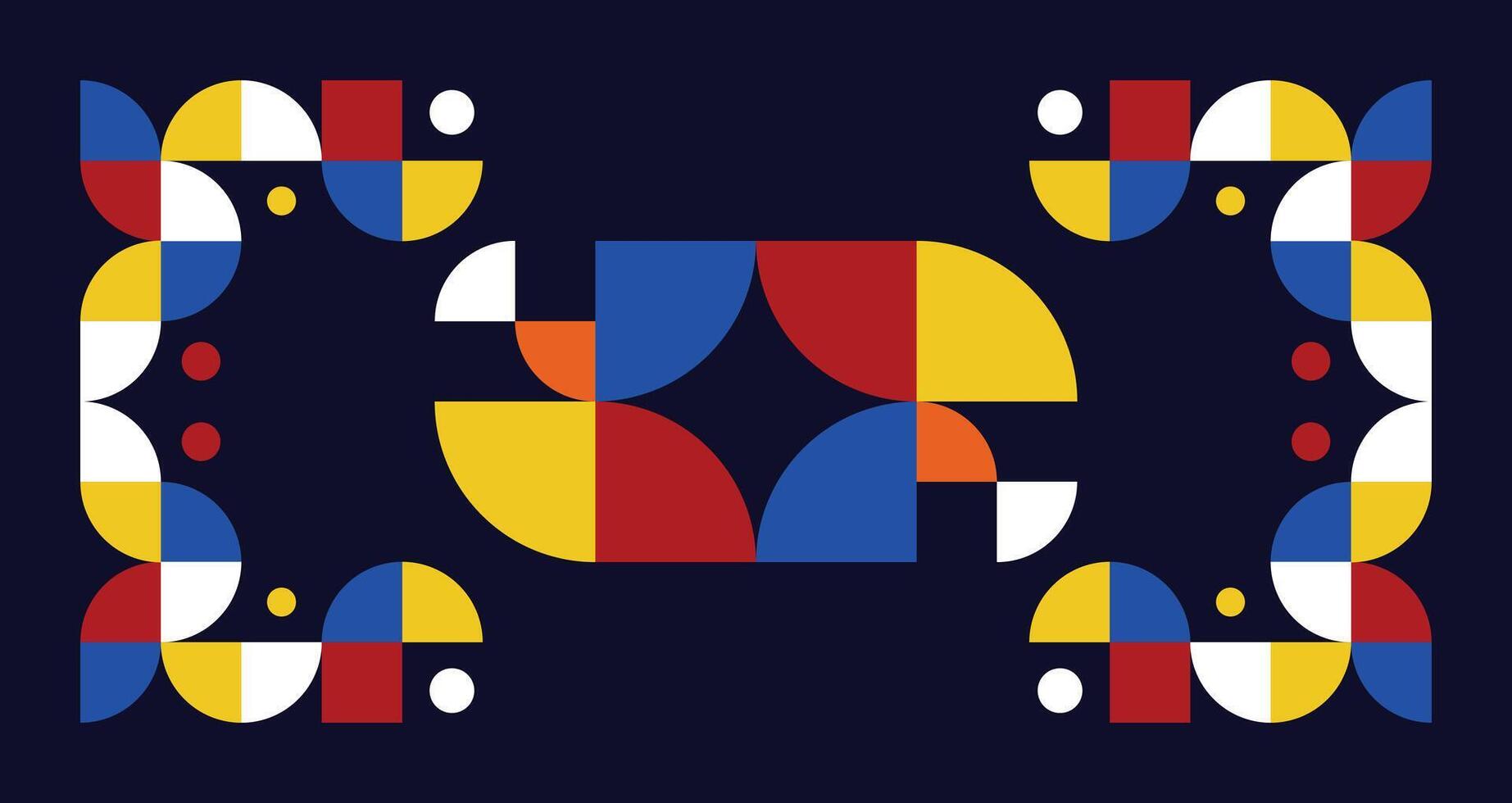colorful bauhaus style poster with geometric shapes on deep blue background vector