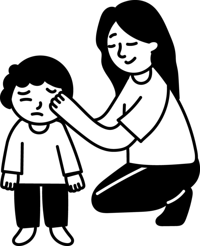 Mom wiping tears of crying kid, hand drawn illustration vector