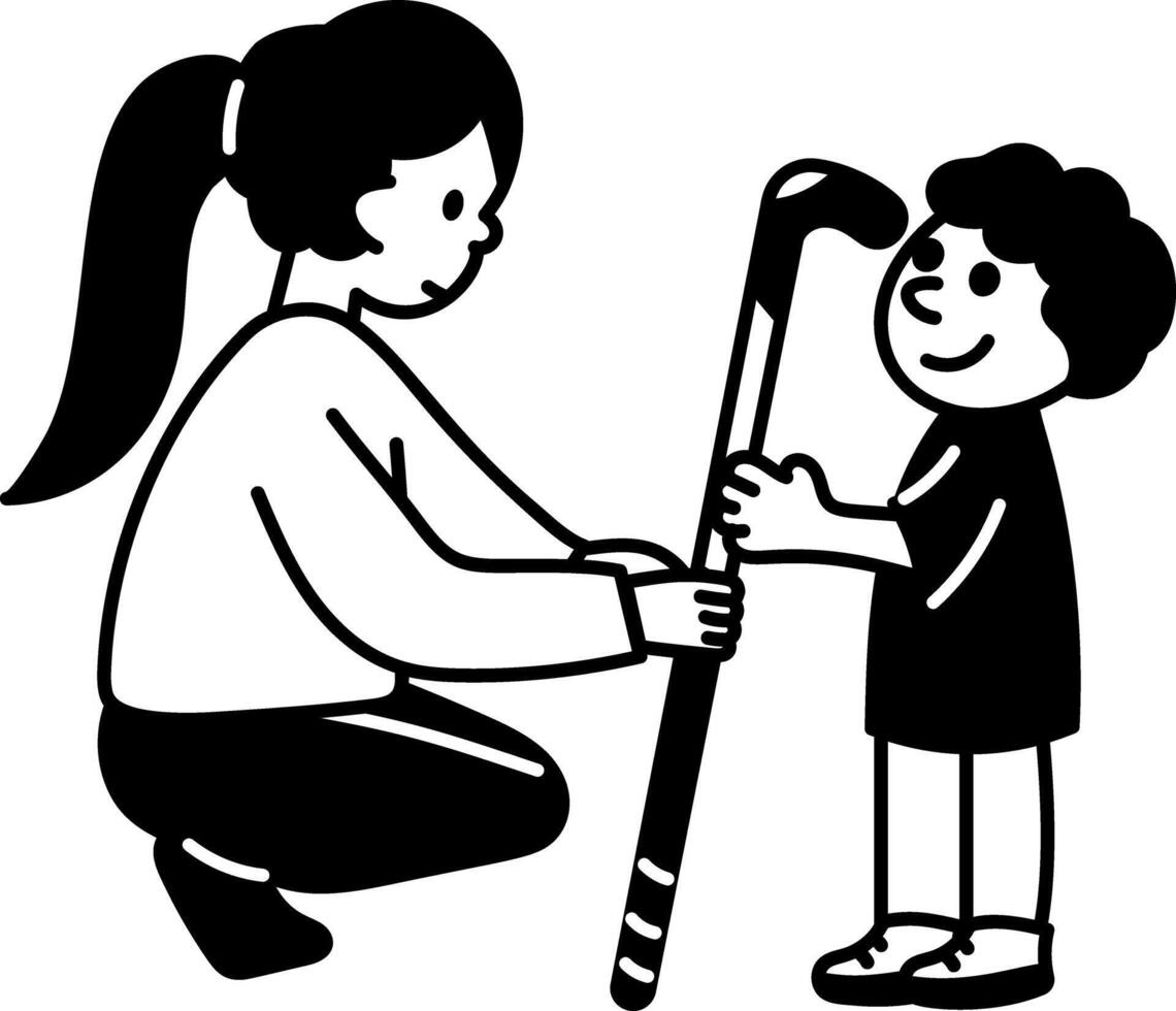 Mom giving hockey stick to son depicting motherly bond, doodle illustration vector